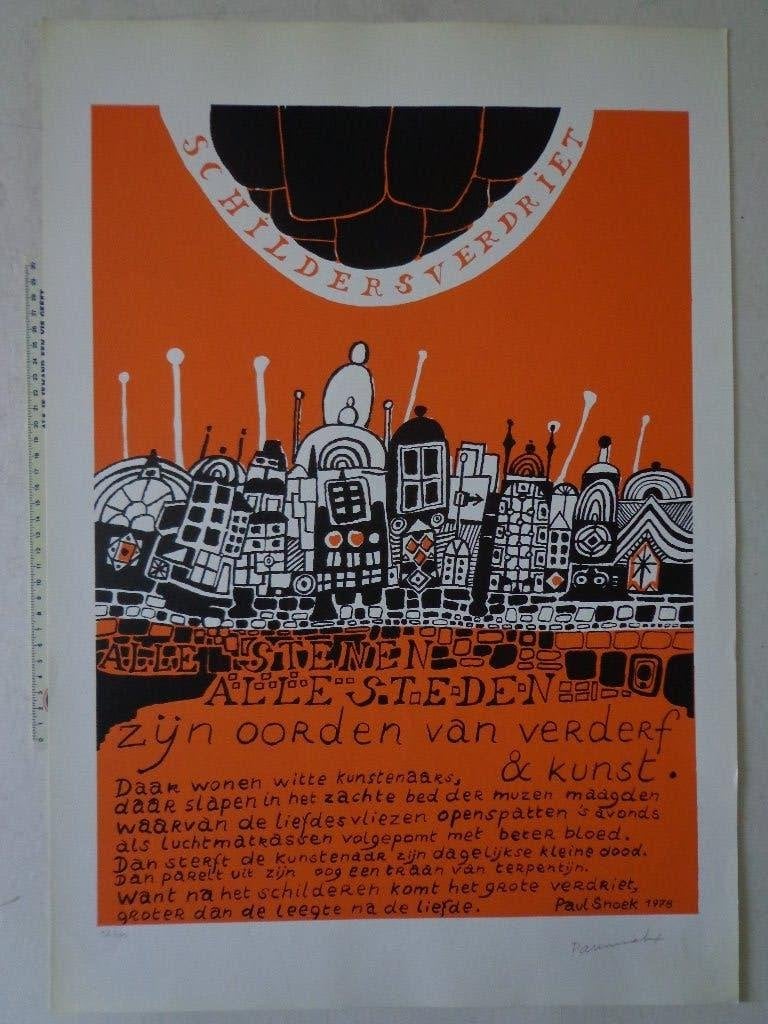 zeefdruk van Paul Snoek "Schildersverdriet" uit 1978, Antiek en Kunst, Kunst | Litho's en Zeefdrukken, Zeefdruk, Genummerd, Gesigneerd
