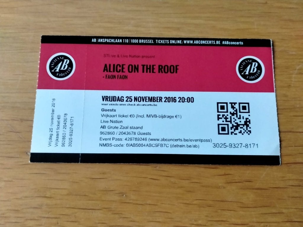 Ticket de concert Alice on the roof@AB 25/11/2016, Enlèvement, Utilisé, Autres types