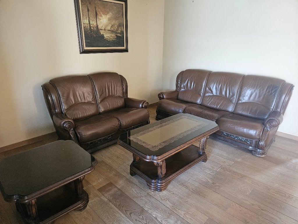 Klassiek Lederen Salon (3-zit + 2-zit) met 2 Salontafels, Ophalen, Gebruikt, 50 tot 100 cm, Landelijk