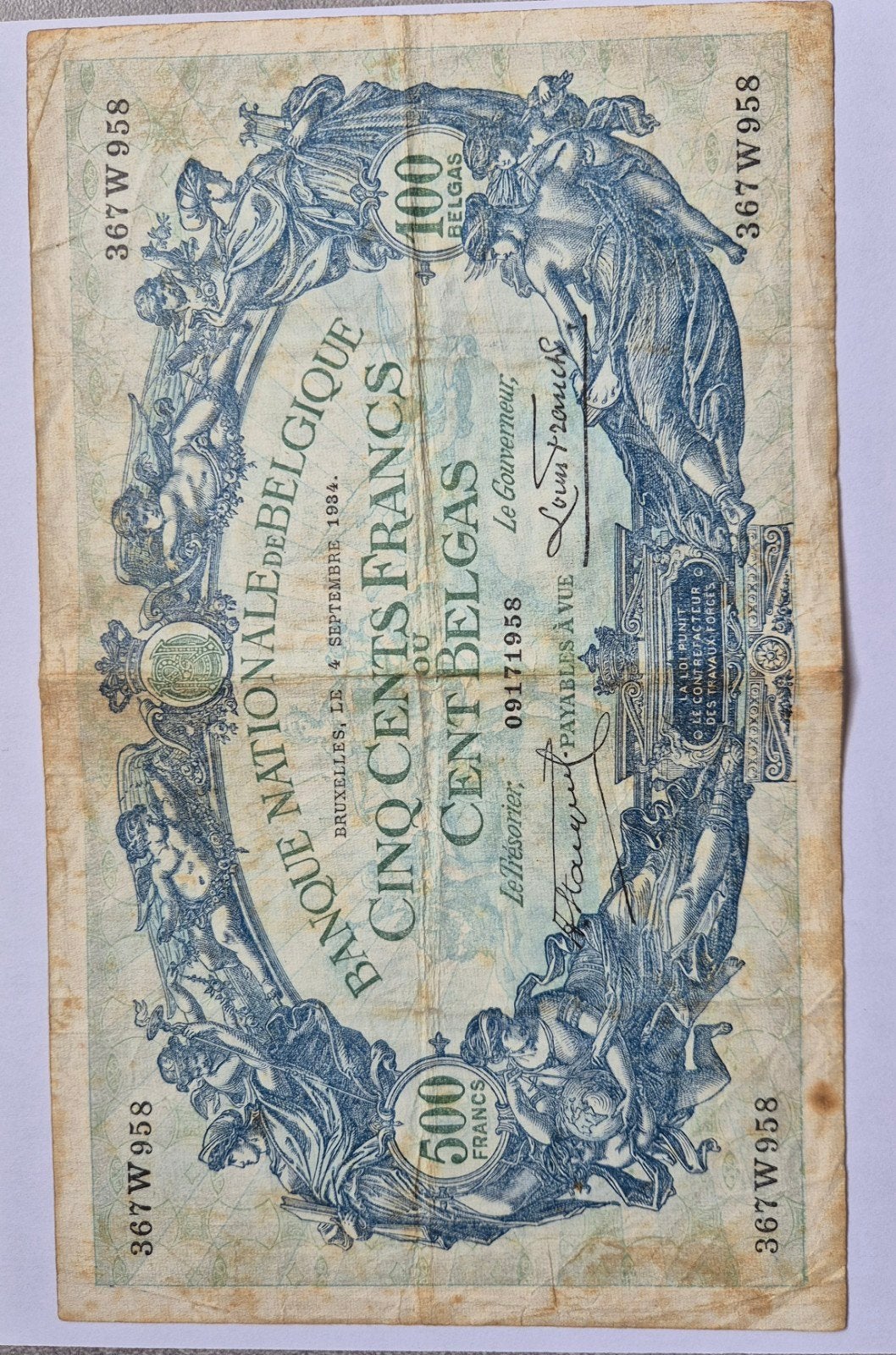 Billet 500 francs 4 septembre 1934 Belgique, Timbres & Monnaies, Billets de banque | Belgique, Envoi, Billets en vrac