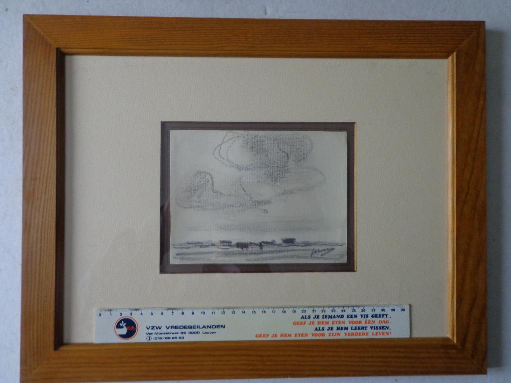 potloodtekening van Jos Mous "Landschap met bewolkte lucht", Antiek en Kunst, Ophalen of Verzenden
