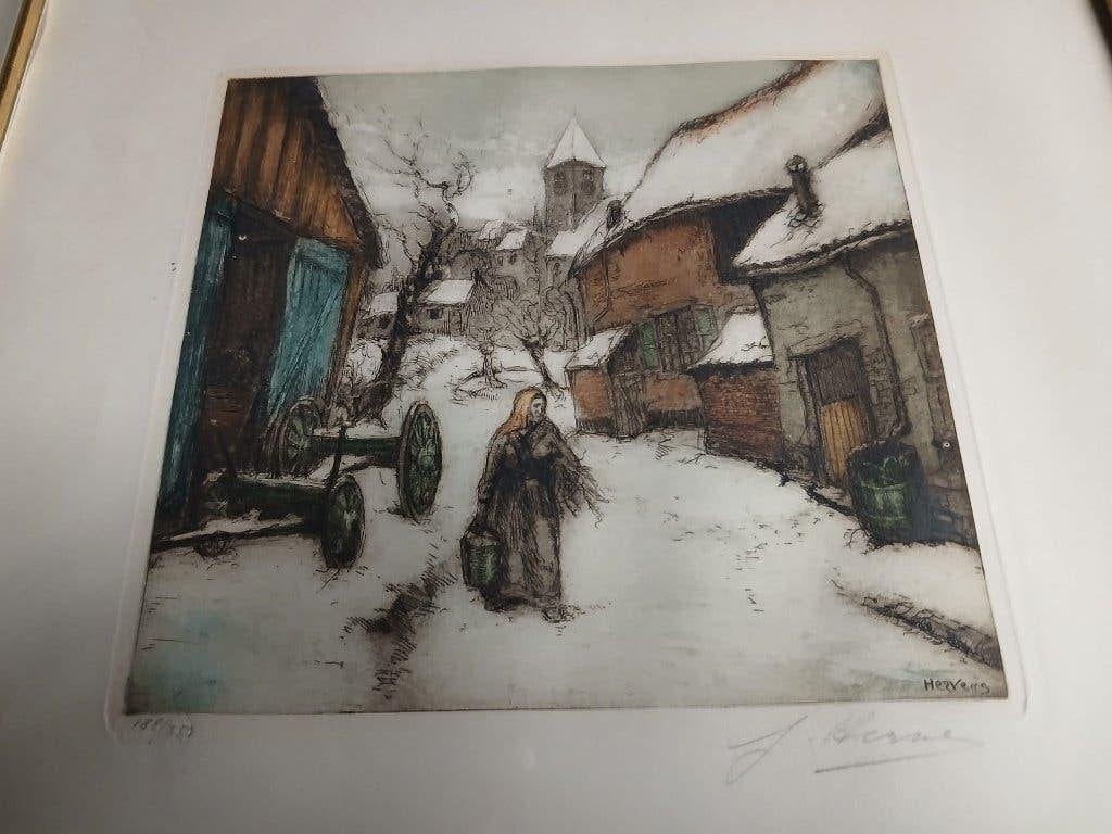 ets Winter tafereel gesigneerd Jacques Hervens, Ophalen of Verzenden, Ets, Gesigneerd