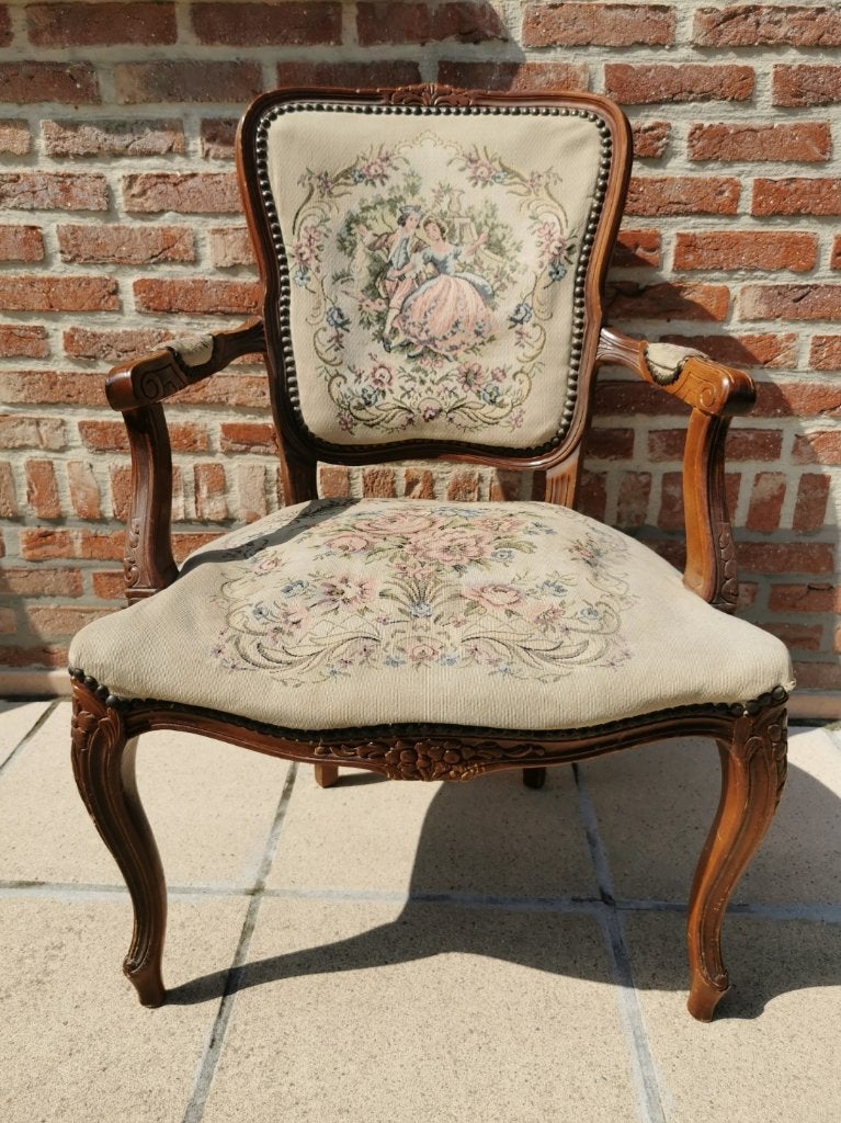 VINTAGE LOUIS XV STOEL MET BORDUURWERK MET BLOEMENPATROON, Maison & Meubles, Chaises, Enlèvement, Utilisé