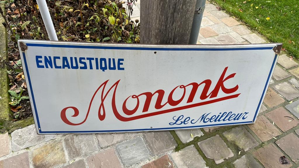Emaille bord Mononk., Ophalen, Zo goed als nieuw, Reclamebord