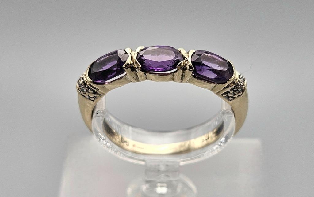 Bague vintage en or, pierre précieuse, améthyste et diamant., Bijoux, Sacs & Beauté, Enlèvement ou Envoi, 18 à 19, Comme neuf