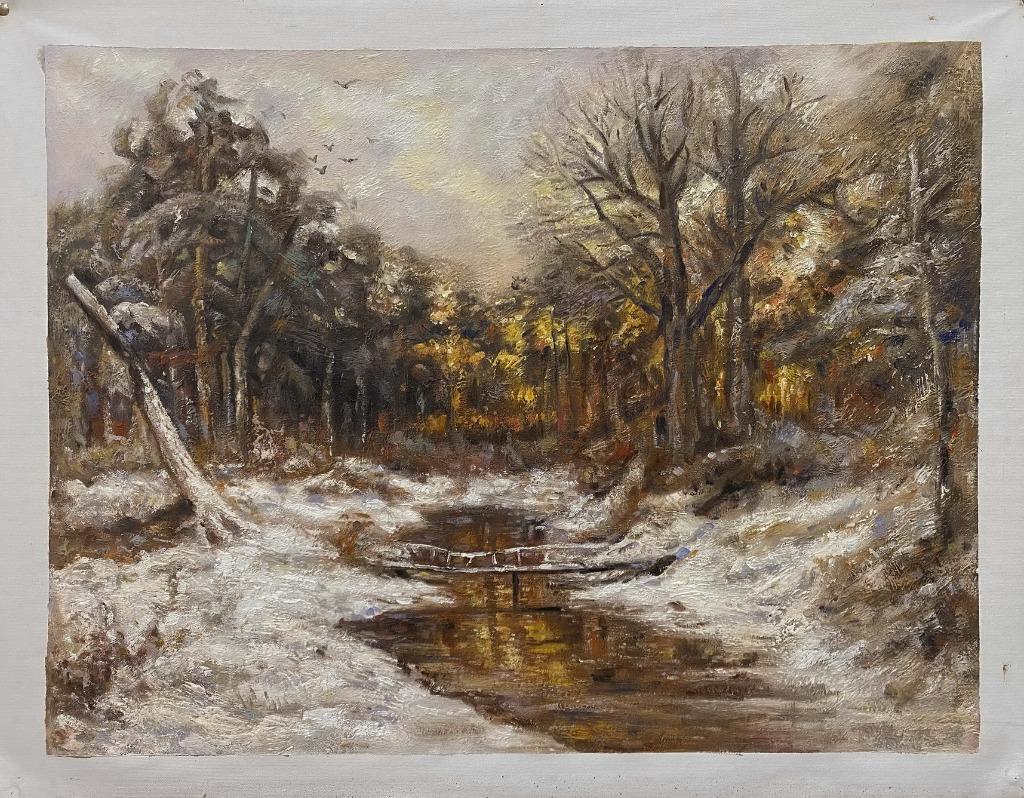 Olieverf replica Apol: Zonsondergang in een besneeuwd bos, Antiek en Kunst, Verzenden