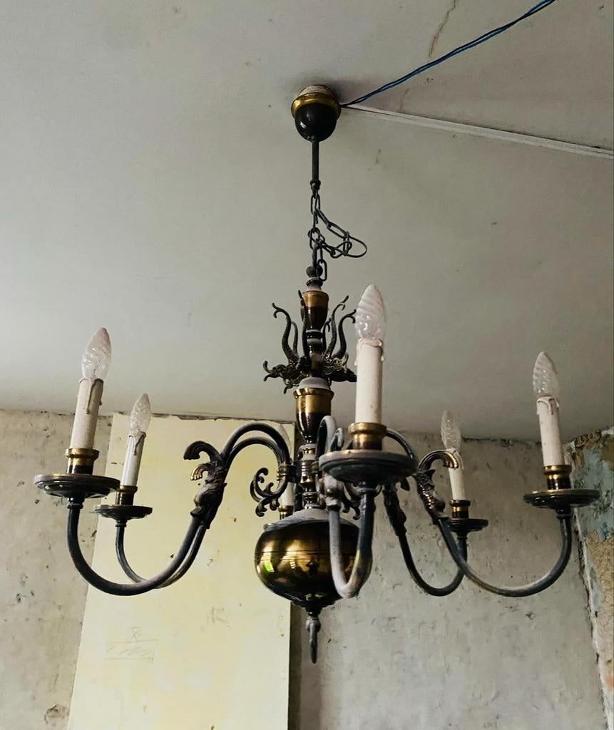 Lustre ancien en laiton style hollandais 6 branches Se trouv, Enlèvement, Utilisé