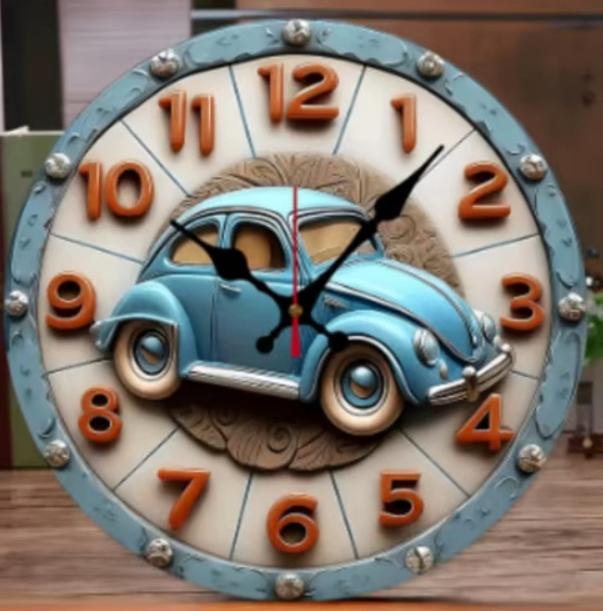 Horloge murale ronde en bois Vintage voiture bleue (25cm)