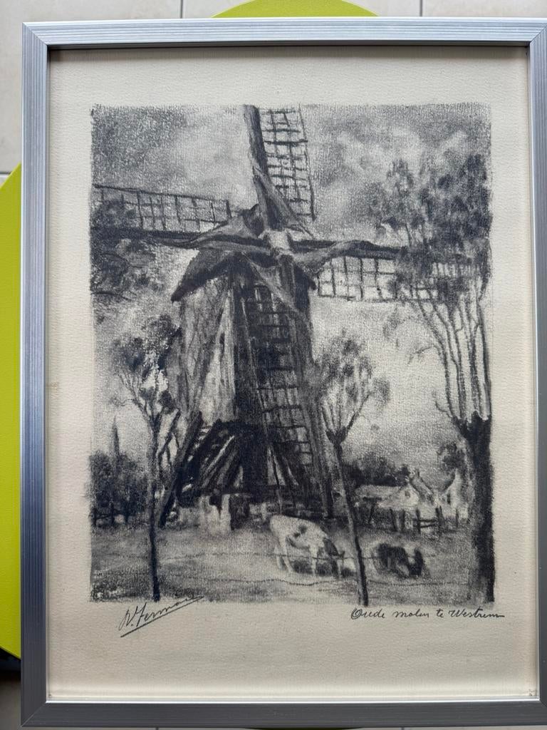 Dessin fusain Moulin a vent a Westrem. Oude molen te Westrem, Enlèvement