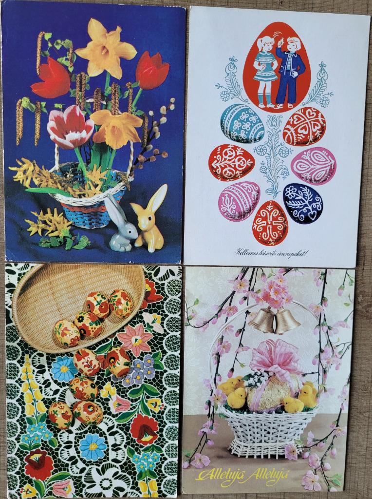 4 postkaarten: thema Pasen (Hongarije-Polen), Enlèvement ou Envoi, Affranchie, (Jour de) Fête