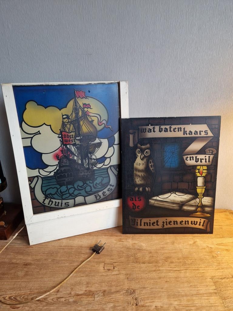 Vintage houten lichtbak met 2 glasramen, Antiek en Kunst, Ophalen of Verzenden