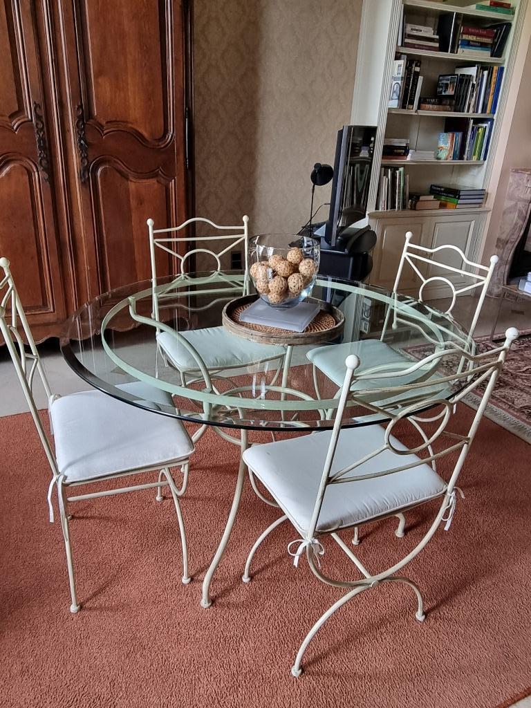 Salontafel met 6 (zes) stoelen, Ophalen, Zo goed als nieuw, Rond, Glas