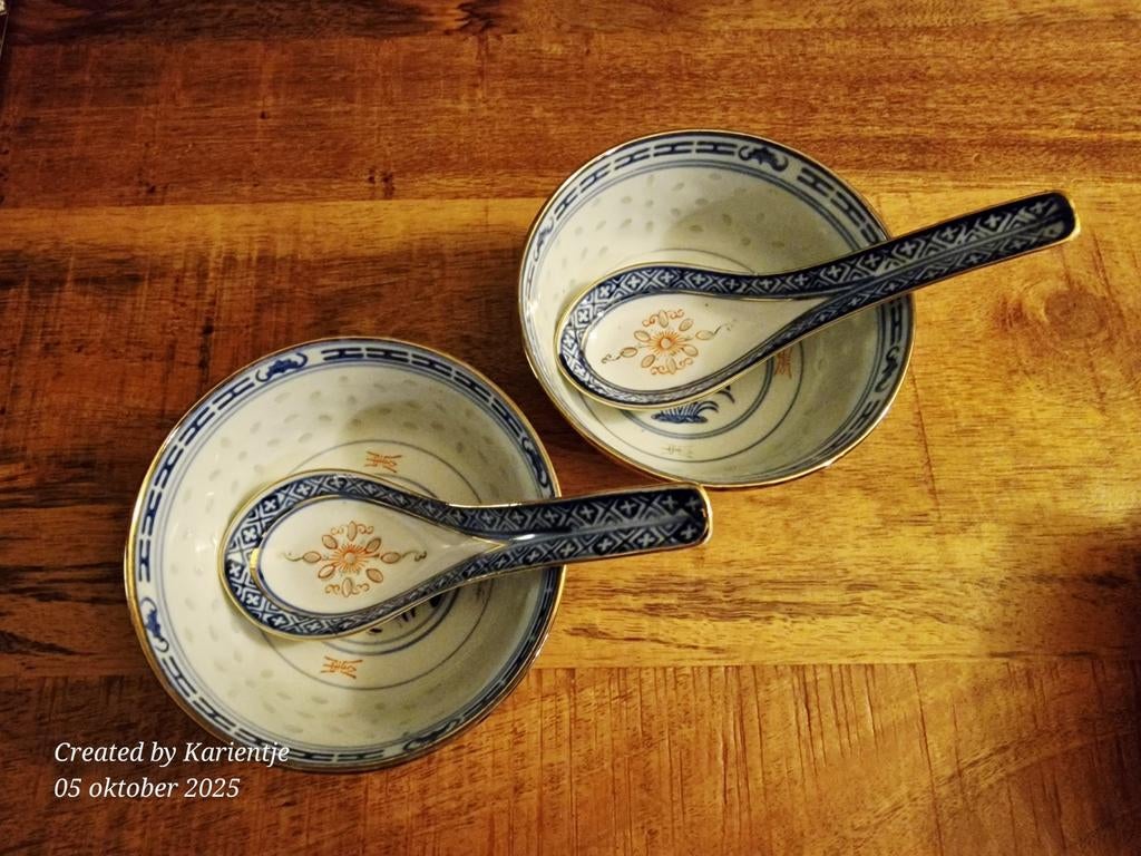 Chinese rijstkommetjes met lepel, Huis en Inrichting, Ophalen, Zo goed als nieuw, Overige stijlen, Kom(men)