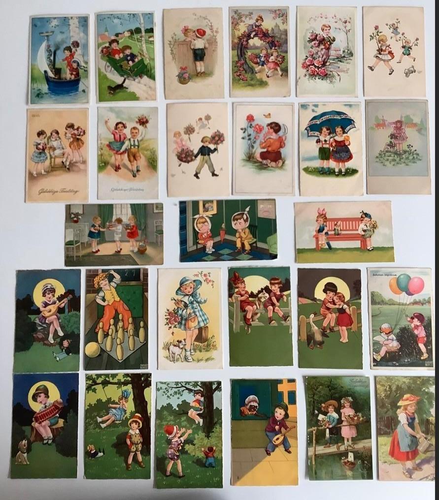 27 oude fantasiekaarten met kinderen, Verzamelen, Ophalen of Verzenden, 1940 tot 1960, Kinderen