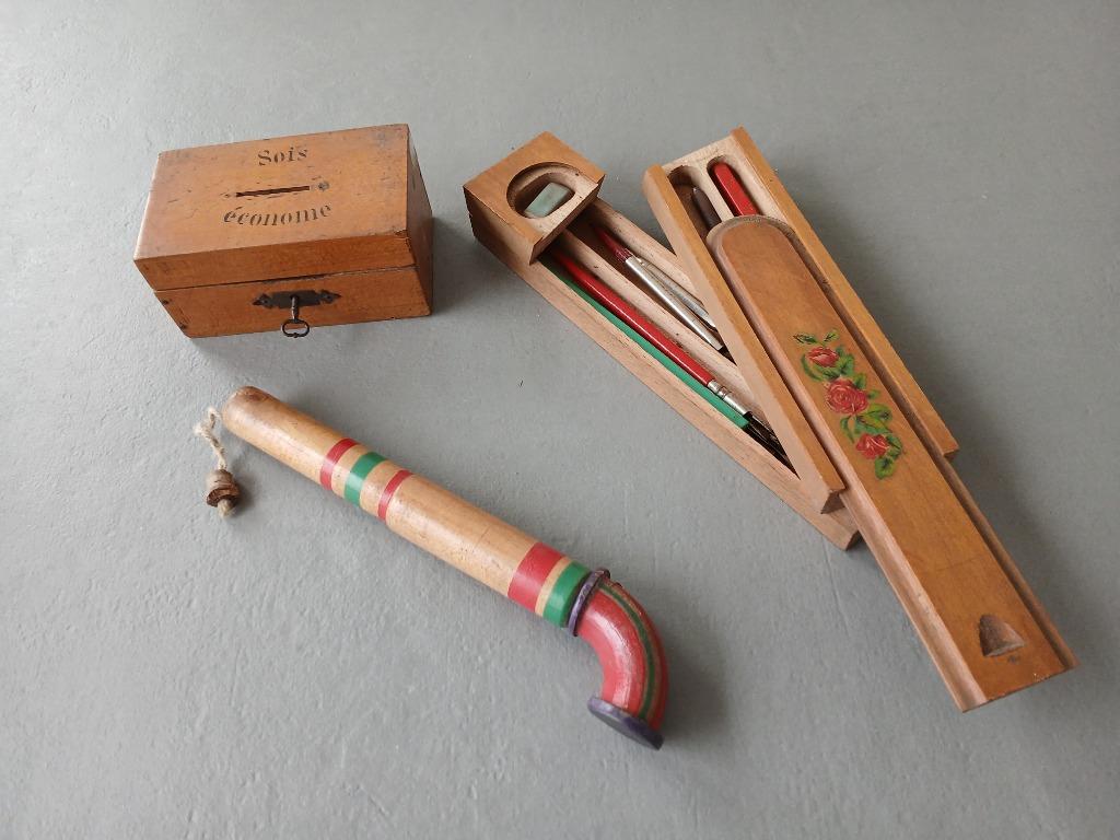 vintage houten pennendoos, proppenschieter en spaarpotje, Antiek en Kunst, Ophalen of Verzenden
