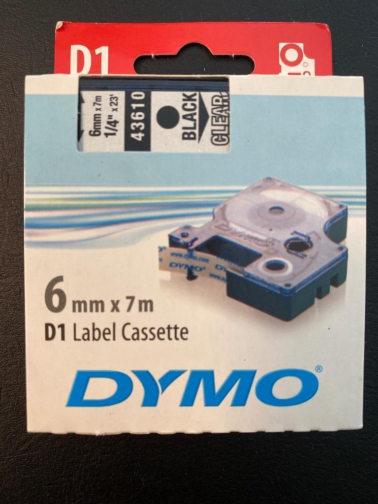 Dymo D1 Tape  43610 zwart op transparant 6mm breed, Ophalen of Verzenden, Nieuw