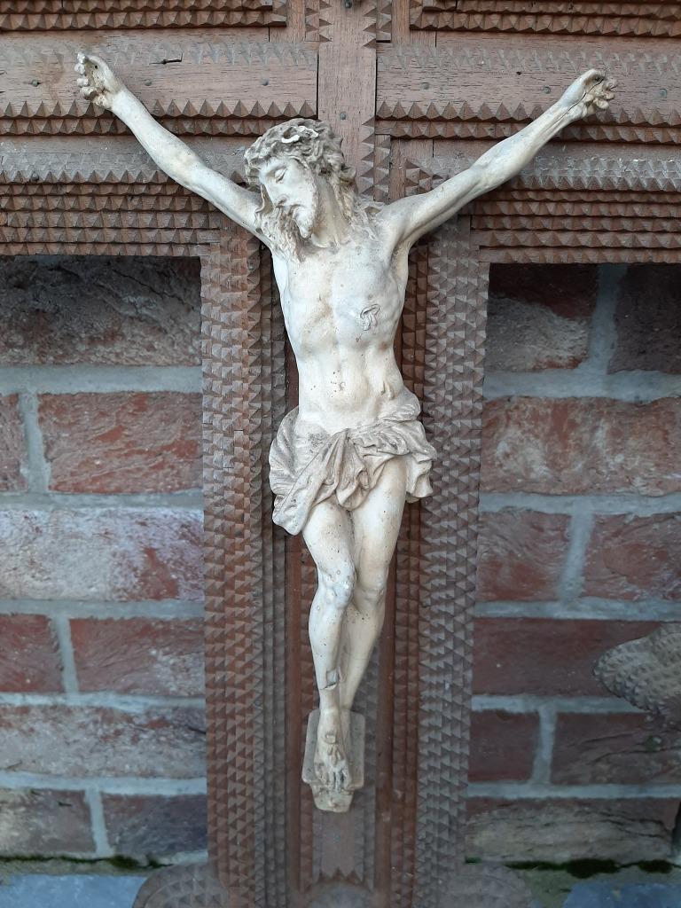 Trampart tramp art crusifix groot kruis met Christus, Ophalen, Gebruikt, Christendom | Katholiek