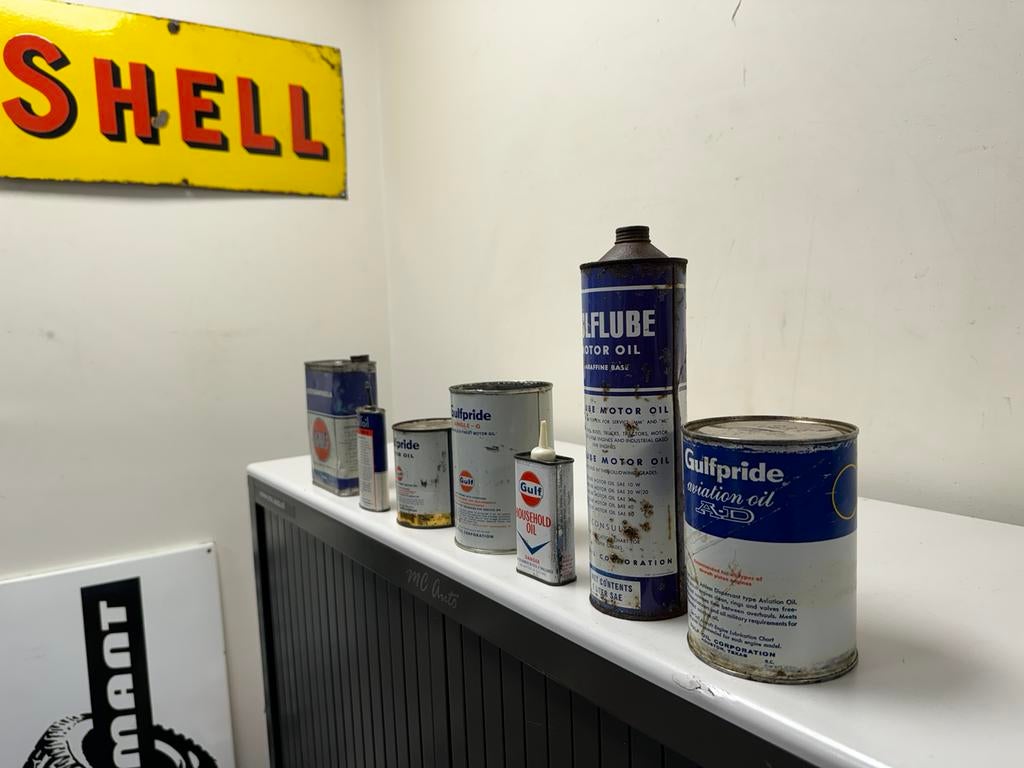 Gulf oude garage olie blikken te koop, Verzamelen, Ophalen of Verzenden, Gebruikt, Reclamebord