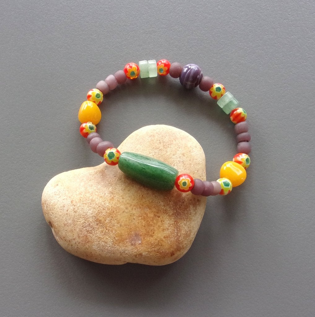 Surferarmband van aventurijn en vintage glas voor dames, Met bedels of kralen, Nieuw, Ophalen of Verzenden, Elastiek