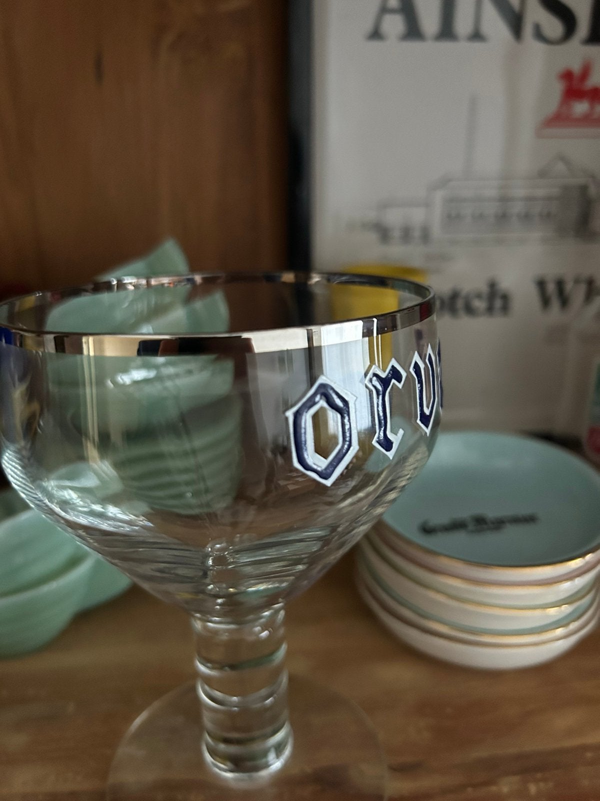 Orval antiek glas emaille letters, Verzamelen, Ophalen of Verzenden, Gebruikt, Bierglas