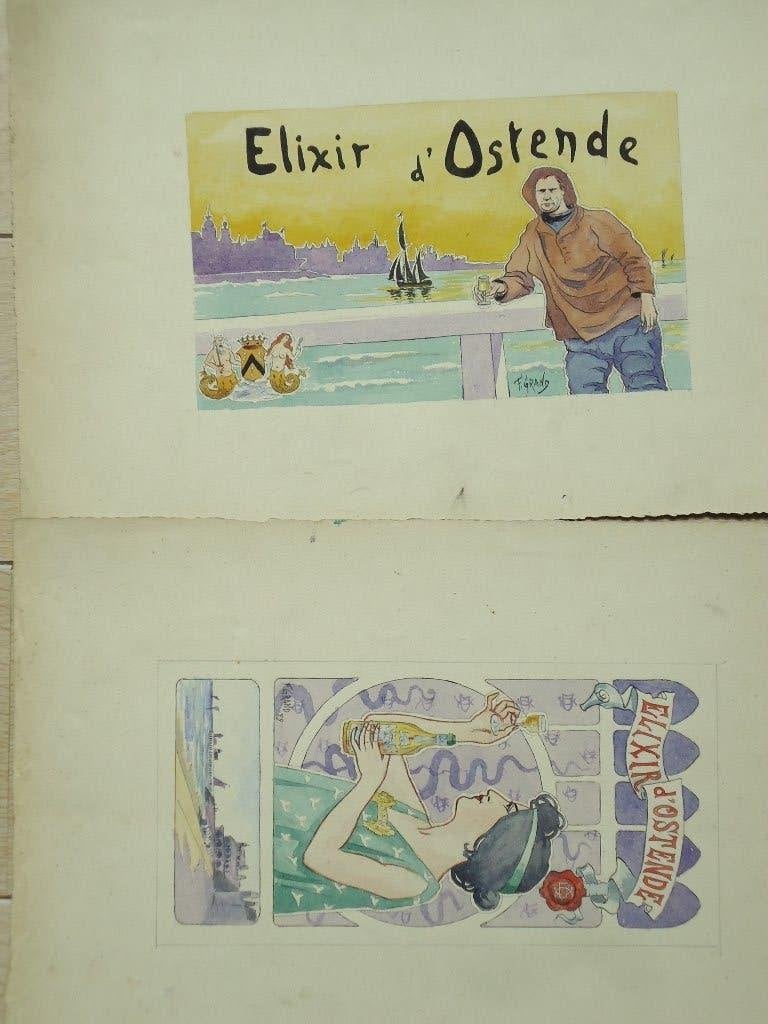 Art NOUVEAU 1899 OOSTENDE 2x gouache Elixir d'Ostende GRAND, Antiquités & Art, Enlèvement ou Envoi, Signé, Gouache
