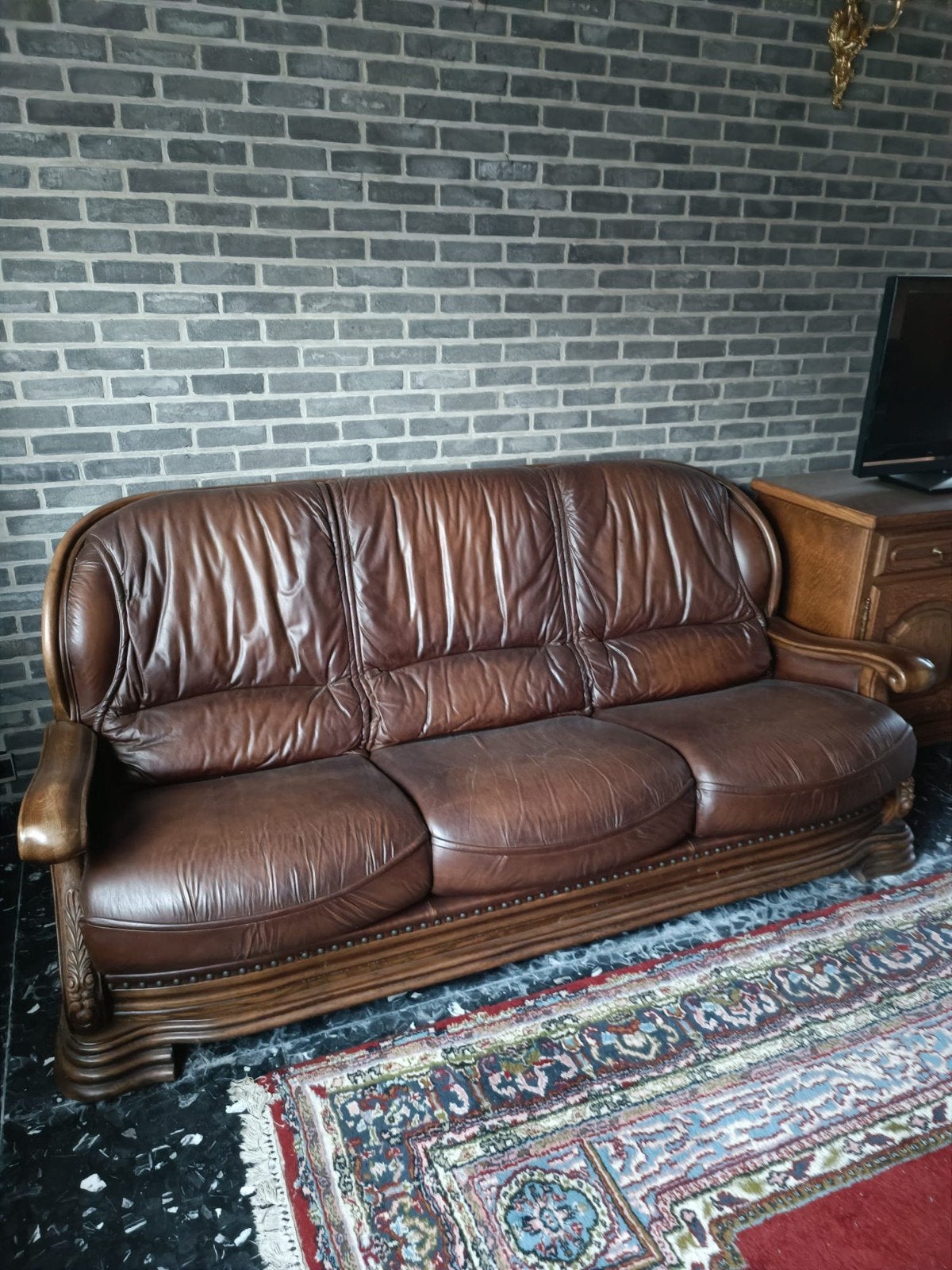 Salon: 3-zit en 1 1-zit in leder en eik, Huis en Inrichting, Ophalen, Gebruikt, Hout