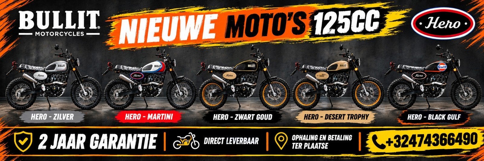 nouveau Bullit Hero 125cc (5 couleurs différentes), 1 cylindre, 125 cm³, Jusqu'à 11 kW, Neuf