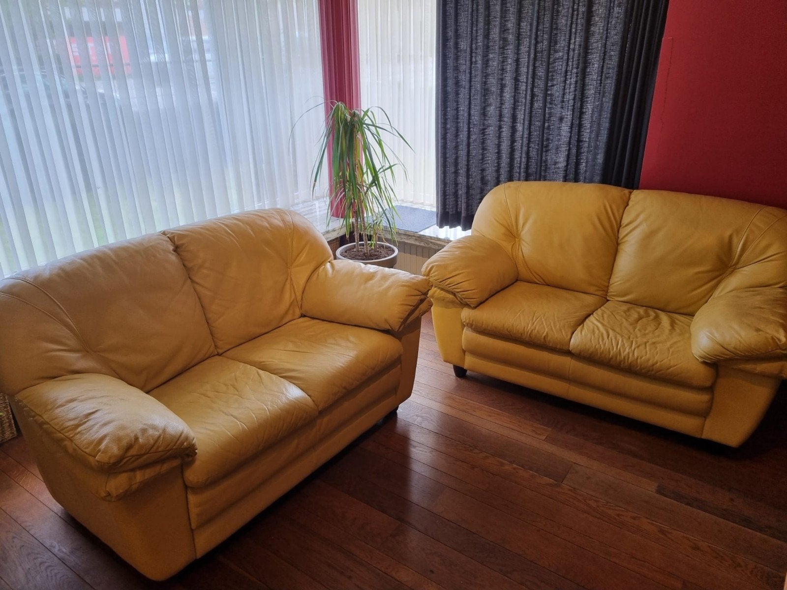 2x2 zit en 1x3 zit geel lederen salon., Ophalen, Gebruikt, Leer