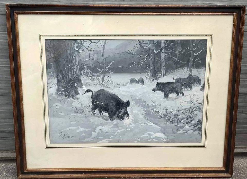 Aquarelle sanglier dans la forêt enneigé de georg wolters, Antiek en Kunst, Ophalen of Verzenden