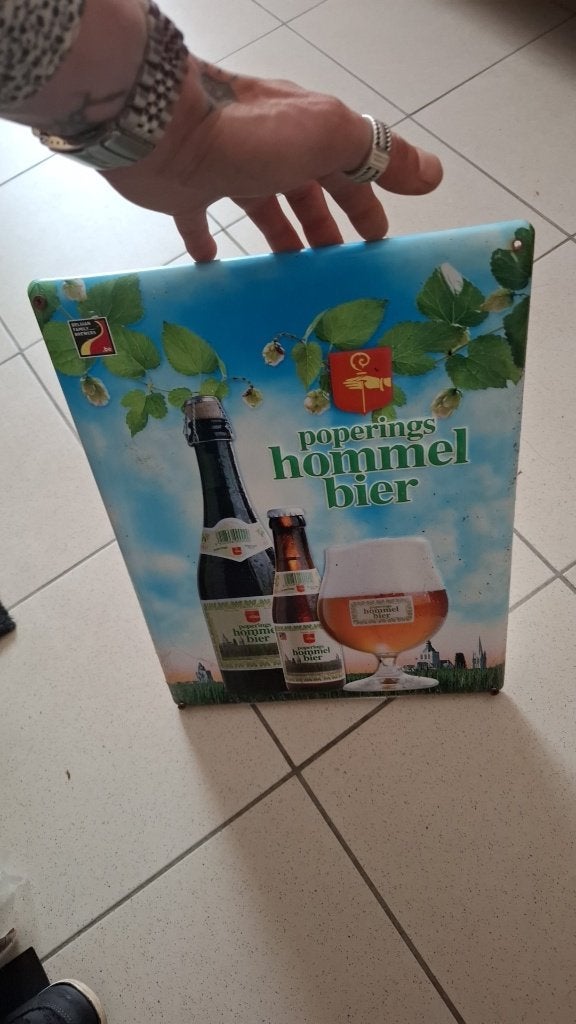 Reclame bord poperings hommelbier, Verzamelen, Ophalen of Verzenden, Zo goed als nieuw, Reclamebord