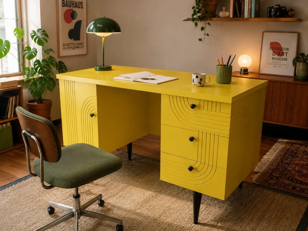 Bureau design contemporain jaune – pièce unique, Vintage, Avec tiroirs, Comme neuf, Enlèvement