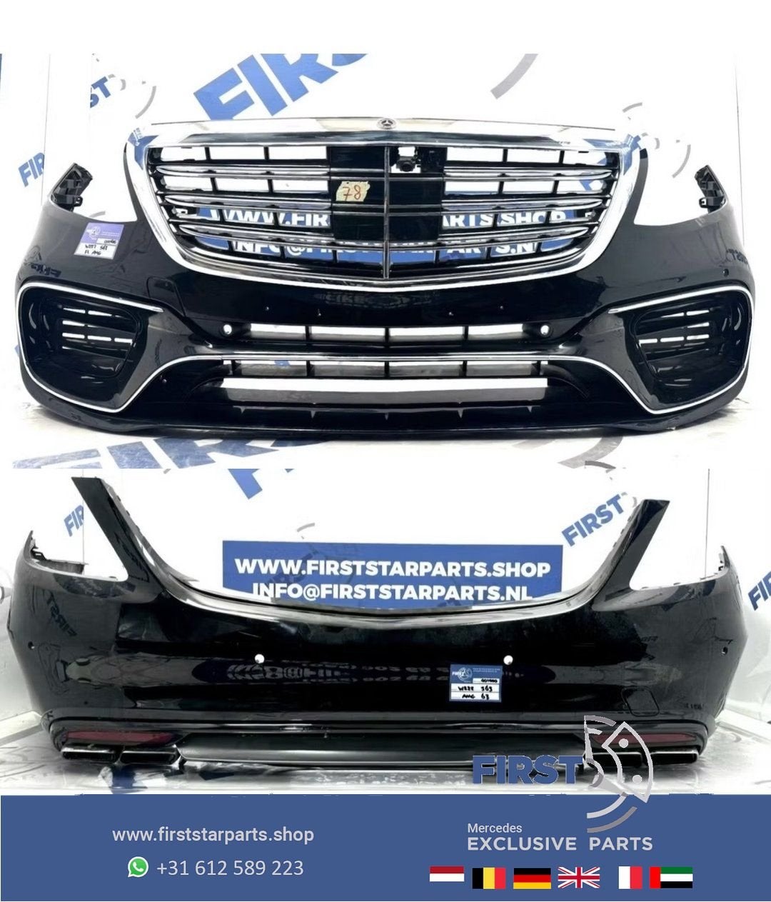 W222 S63 AMG VOORBUMPER + ACHTERBUMPER COMPLEET ZWART WIT GR, Auto-onderdelen, Gebruikt, -, Ophalen of Verzenden, Bumper
