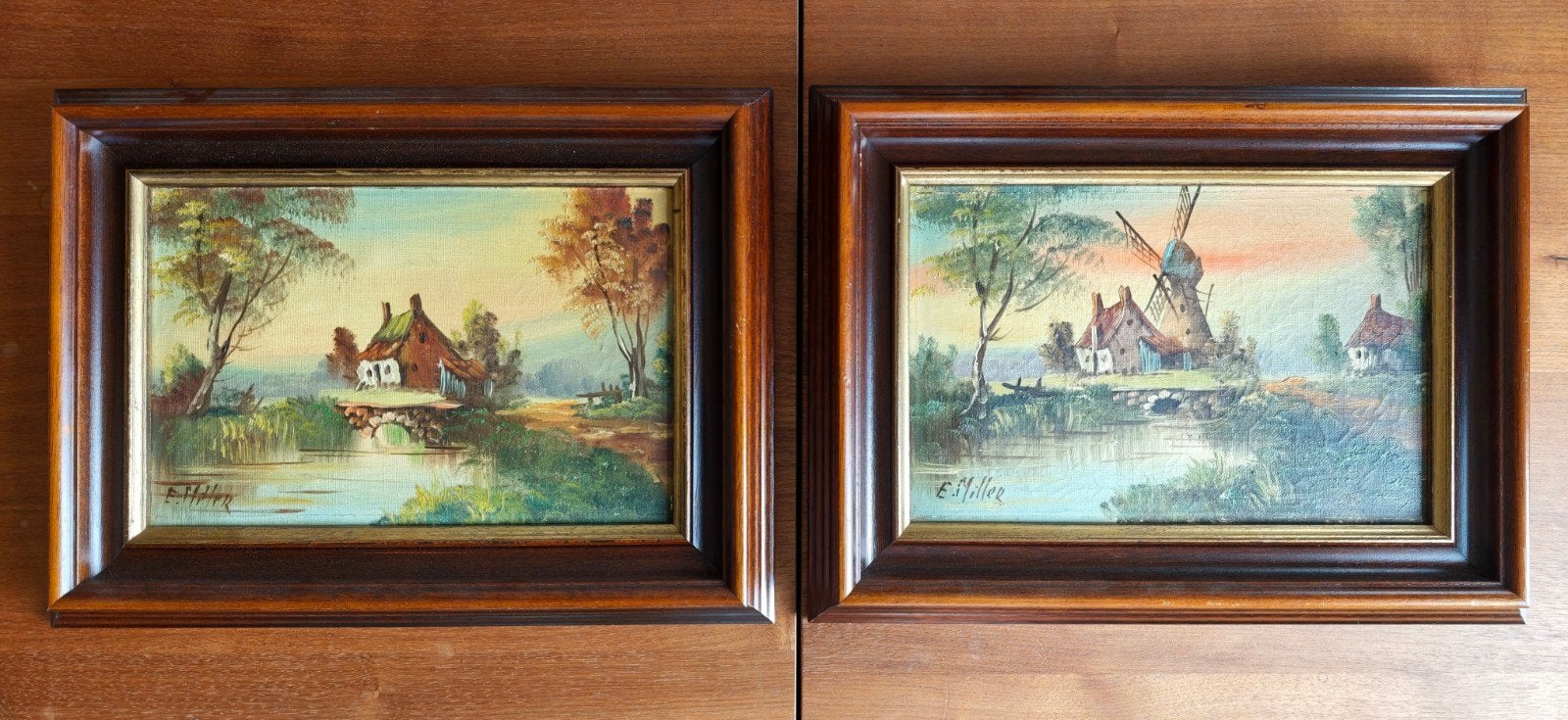 2 Vintage olieverfschilderijen (Molen & Waterrad) –E. Miller, Antiek en Kunst, Kunst | Schilderijen | Klassiek, Ophalen, Vintage