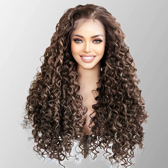 Swiss lace front pruik lang haar bruinmix met spiraalkrullen, Enlèvement ou Envoi, Neuf