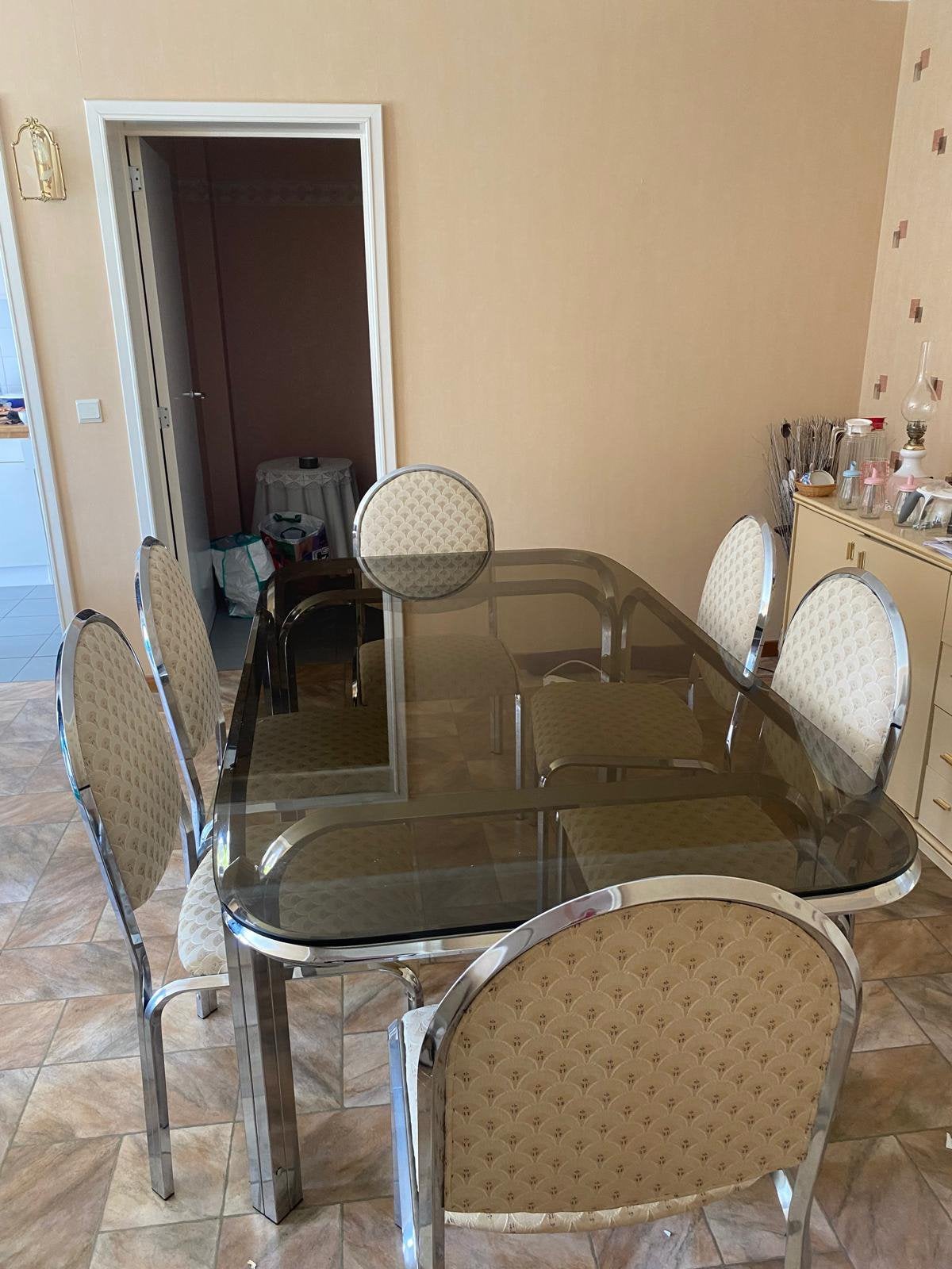 Glazen tafel + 6 stoelen, Ophalen, Gebruikt, Comtemporain, 4 tot 6 stoelen