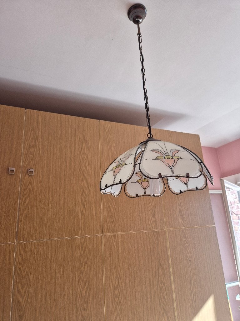Lampe suspendue vintage motif floral décoratif sur verre, Maison & Meubles, Enlèvement, Utilisé, Verre, E27 (grand)