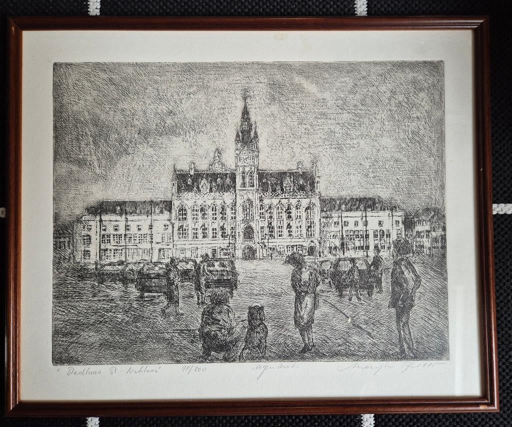 ETS Stadhuis Sint Niklaas, Antiek en Kunst, Kunst | Etsen en Gravures, Ophalen, Ets, Ingelijst
