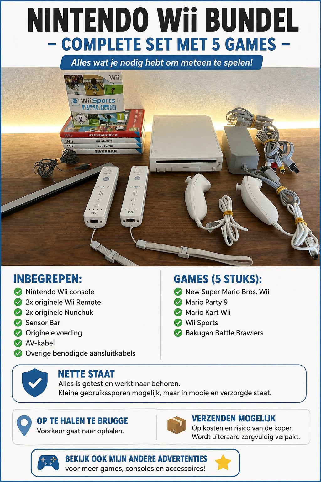 Nintendo Wii bundel – 2 controllers + 2 Nunchuks + 5 games, Games en Spelcomputers, Ophalen of Verzenden, Gebruikt, Met 2 controllers