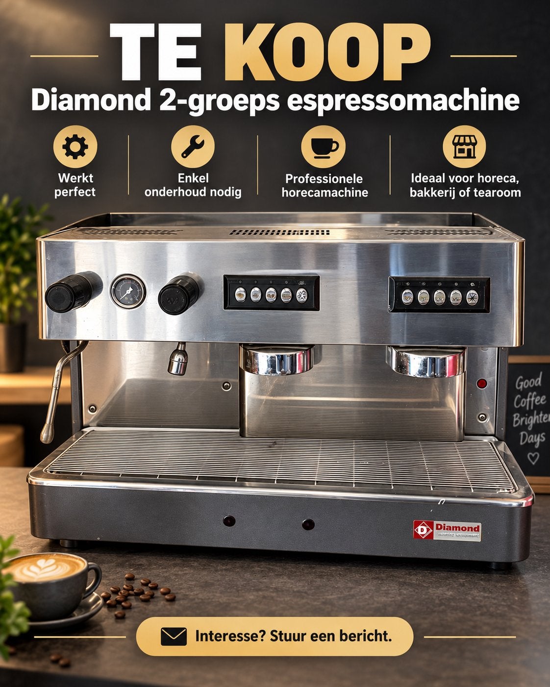 Professionele Diamond 2-groeps koffiemachine/espressomachine, Enlèvement ou Envoi, Comme neuf, Cafetière