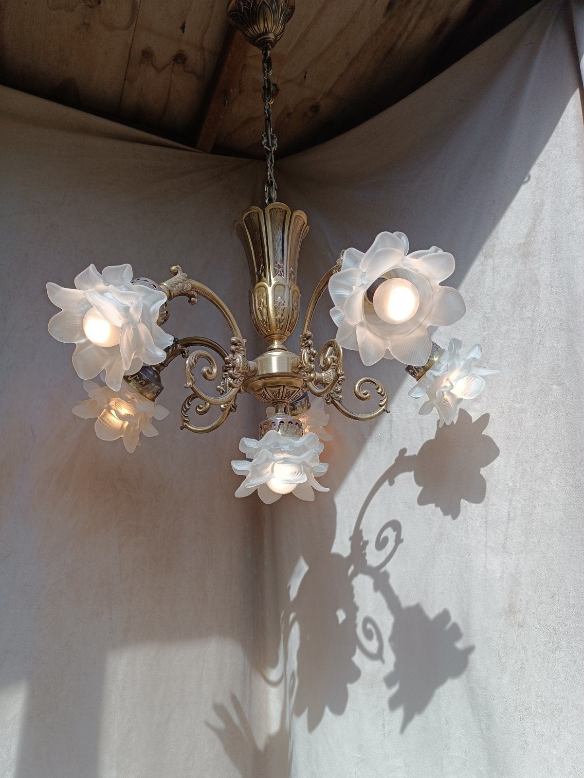 Grande lampe à lustre en bronze de style rococo français 107, Enlèvement ou Envoi, Verre, Rococo Stijl, Comme neuf