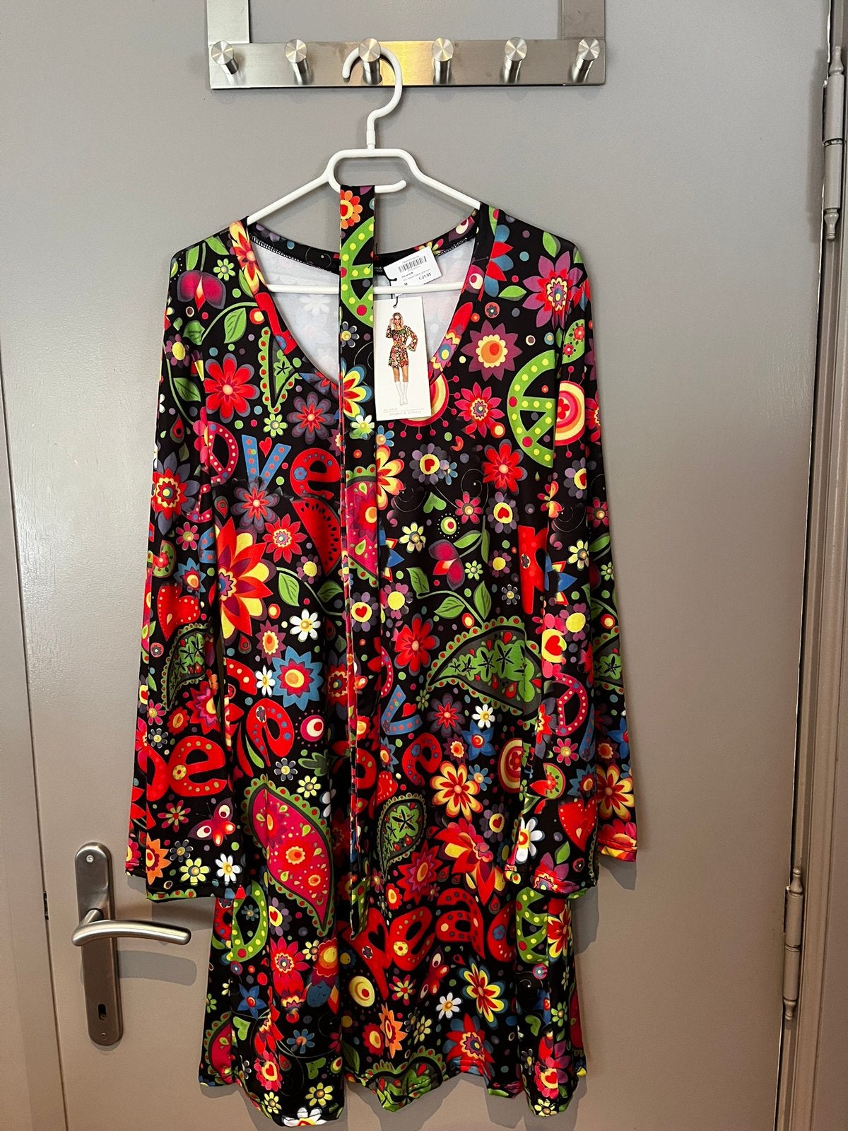 Verkleed kledij Hippie Damesjurk kort peace zwart maat 40, Overige typen, Overige kleuren, Nieuw, Ophalen