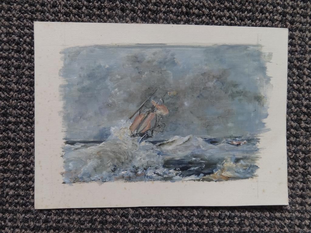 schip in storm; olieverf op schilders papier ca 12 x 16 cm, Verzenden