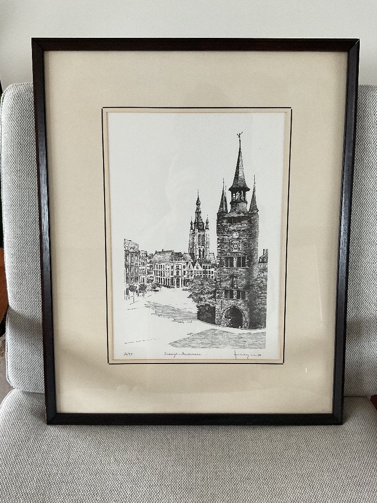 Kortrijk Halletoren, gesigneerde kunstdruk 70/99, Enlèvement ou Envoi, Dessin, Sous verre, Paysage urbain / rural