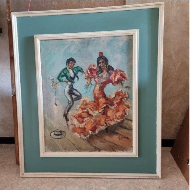 Mooie ondergetekende schilderij Flamenco dansers, Ophalen of Verzenden, Glas