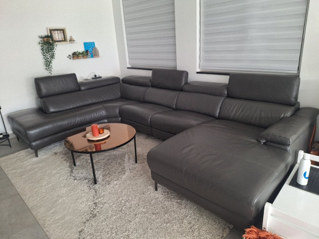 Leder hoeksalon, Huis en Inrichting, Ophalen, 300 cm of meer, Leer, Zo goed als nieuw