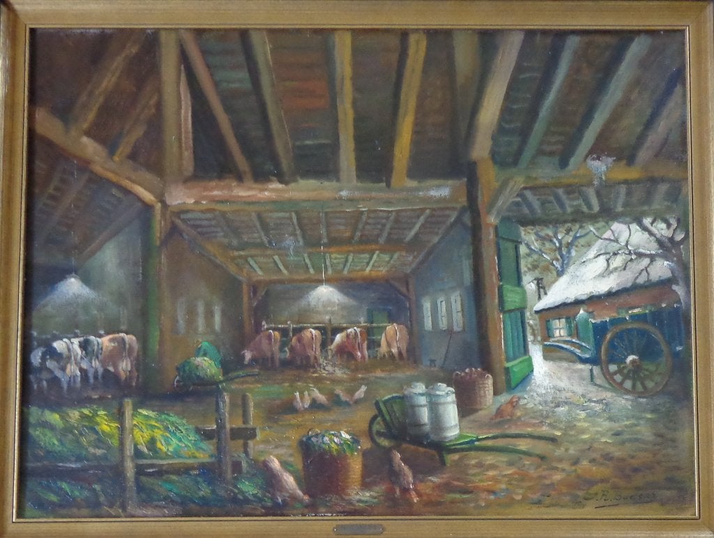 RAYMOND BUELENS / OCHTEND IN STAL / OLIEVERF DOEK / 80x100cm, Ophalen, Doek, Expressionistisch, Dieren