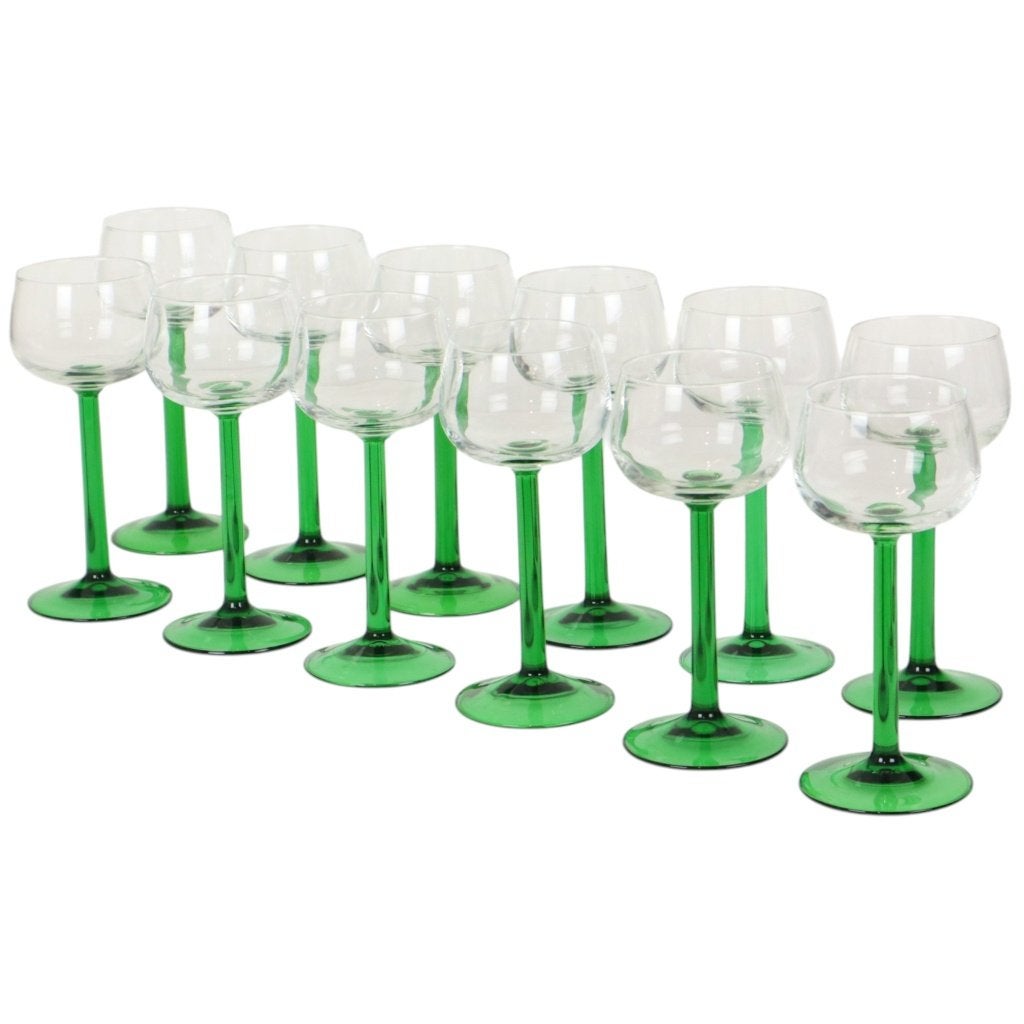 Set Van 12 Vintage Luminarc Elzas Wijnglazen Groene Steel, Gebruikt, Overige typen, Ophalen of Verzenden, Nvt