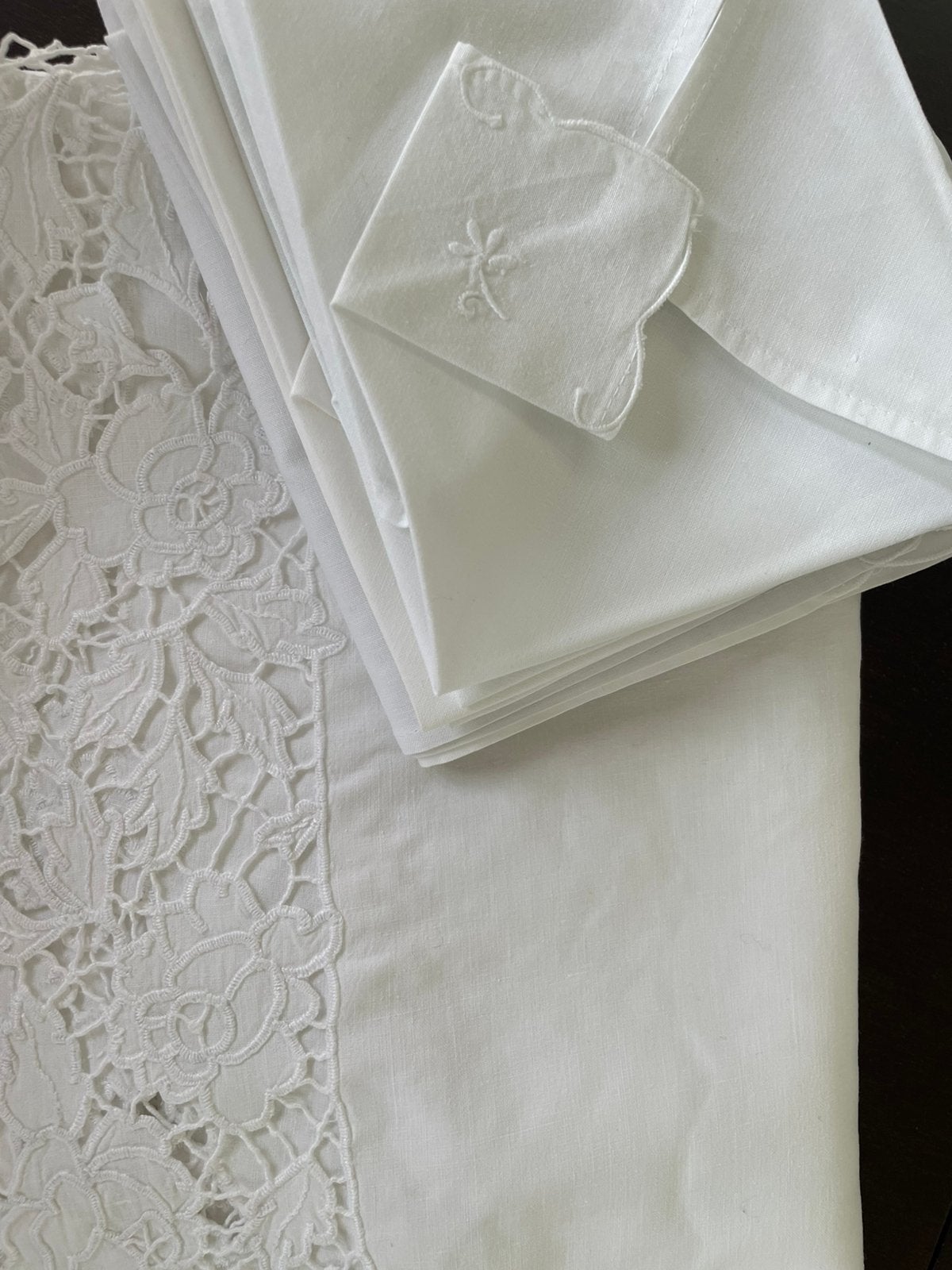 Exclusief Handgewerkt Richelieu Tafelkleed + 12 Servetten, Maison & Meubles, Nappe, Blanc, Fait à la main, Comme neuf