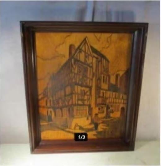 Prachtig Kunstwerk in hout 'Vakwerkhuisjes' - Michelli, Overige onderwerpen, Houtsnijwerk, Ophalen of Verzenden, Handgemaakt