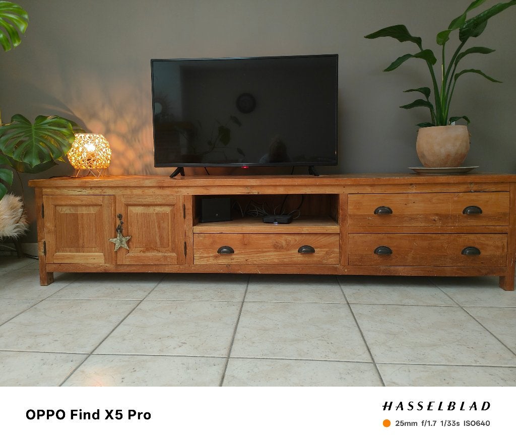 Tv meubel teak vol hout, Huis en Inrichting, Kasten |Televisiemeubels, Ophalen, Gebruikt, Teakhout, 200 cm of meer